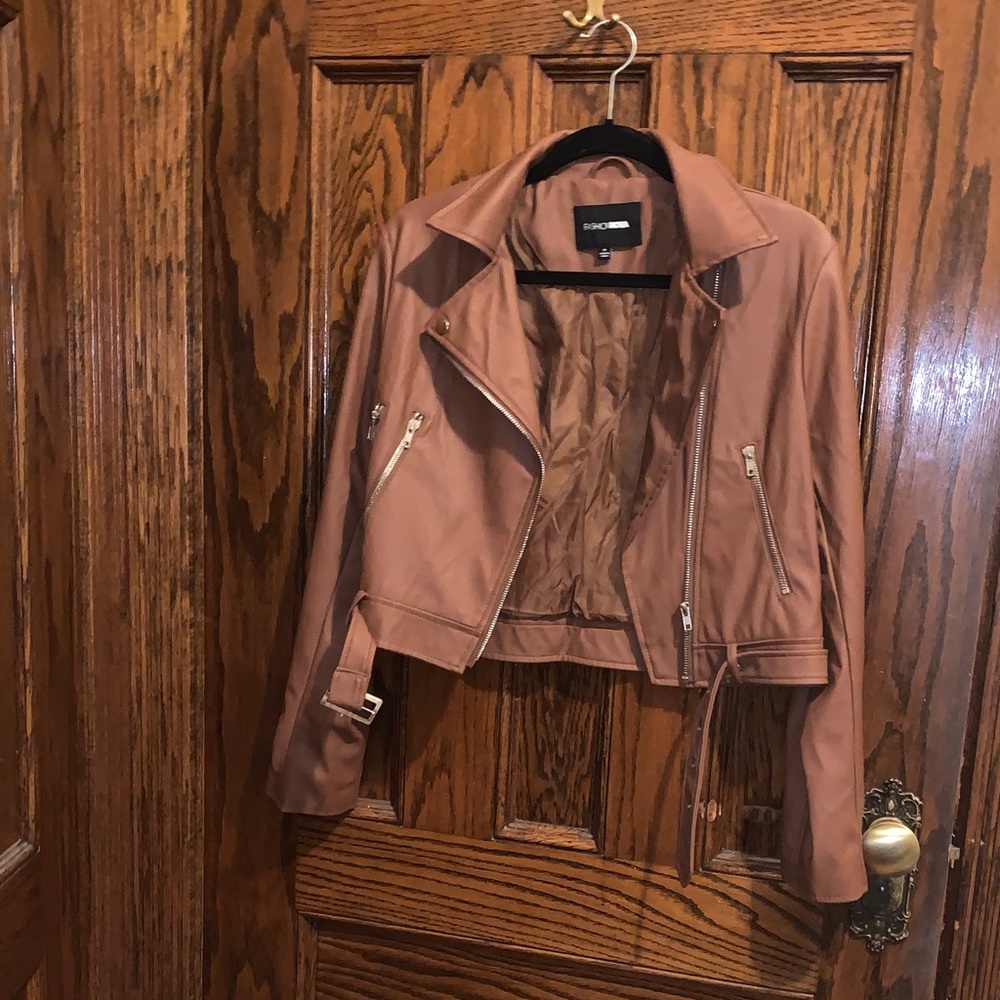 Fashion Nova Tan Leather Jacket with Belted Waist
